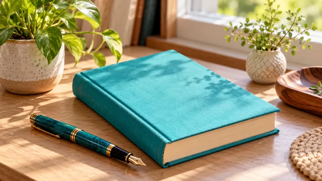 Rafael: origen, significado y variantes del nombre 1 Libro turquesa, pluma y una planta pequeña.