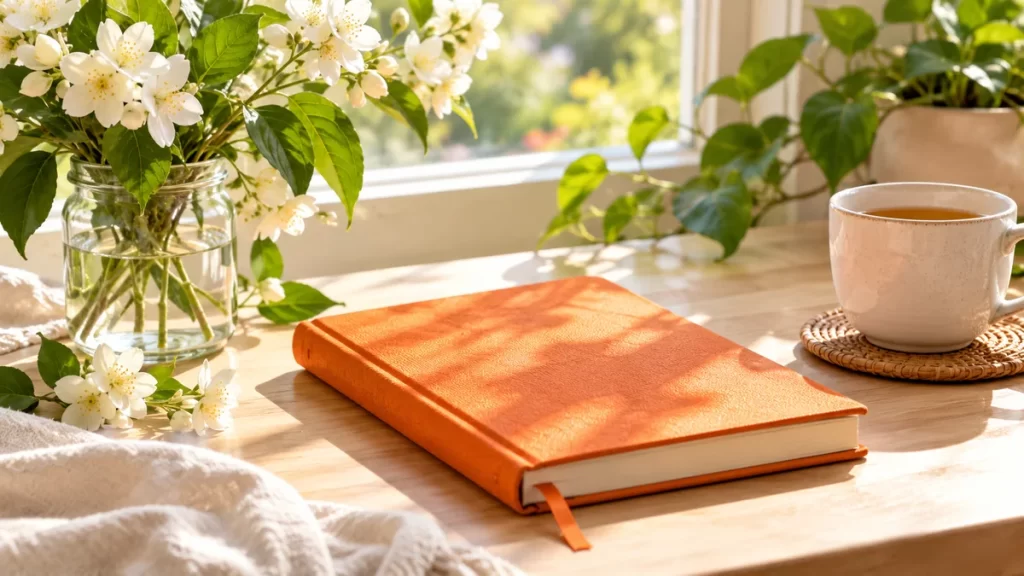 Cuaderno mandarina y flores blancas junto a una ventana.