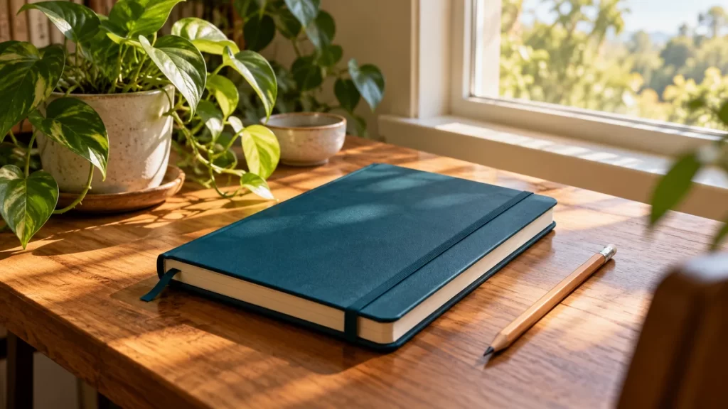 Cuaderno azul y lápiz sobre una mesa iluminada junto a plantas.