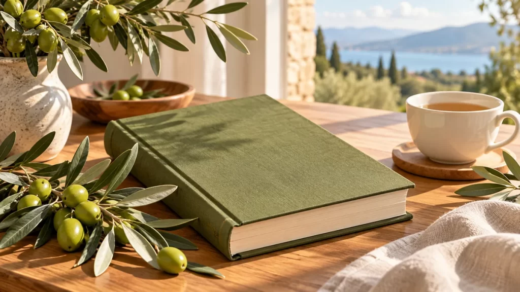 Libro verde junto a ramas de olivo y una taza blanca.