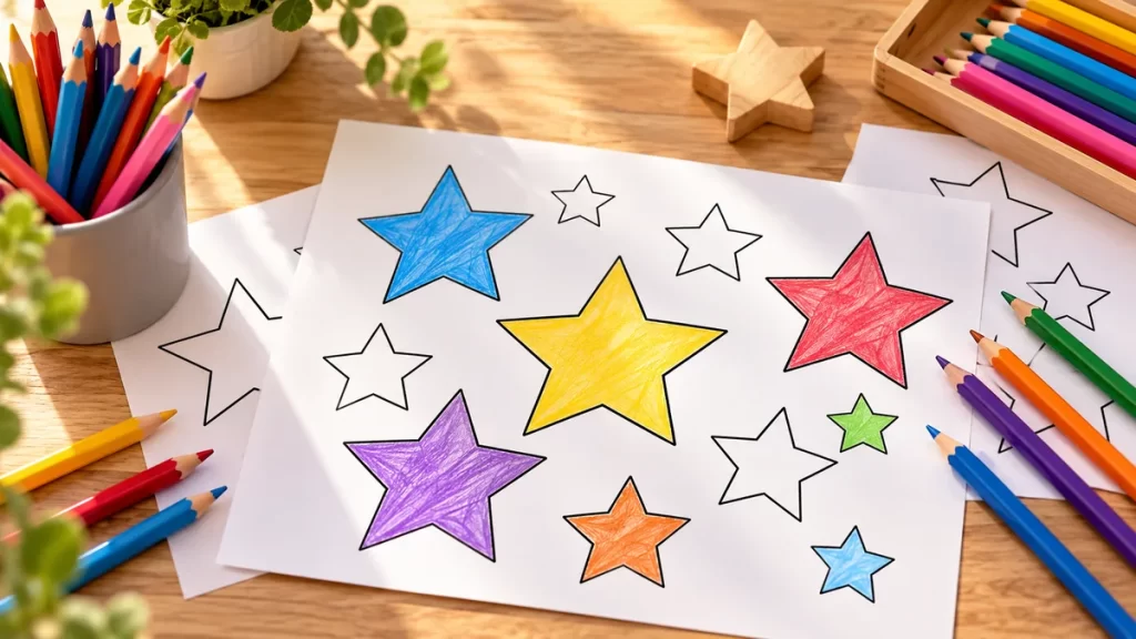Ilustración de estrellas decorativas coloreadas junto a lápices.