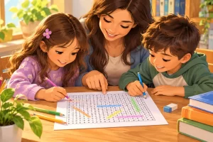 Una adulta y dos niños observan una cuadrícula de letras en una ilustración de aprendizaje.
