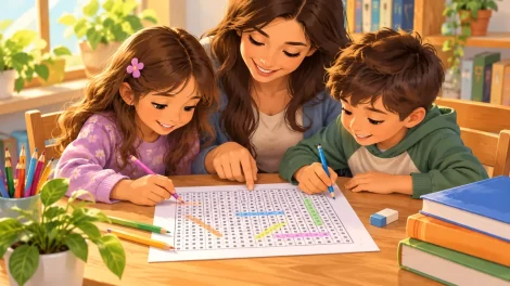 Una adulta y dos niños observan una cuadrícula de letras en una ilustración de aprendizaje.