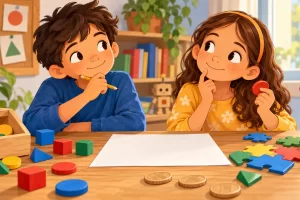 Dos niños resuelven un juego de lógica con fichas sobre una mesa.