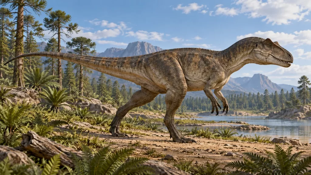 Reconstrucción artística de un alosaurio junto a un río del Jurásico.