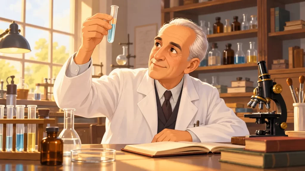 Severo Ochoa para niños: una vida dedicada a investigar 1 Ilustración de un investigador en un laboratorio con un tubo de ensayo y un microscopio.