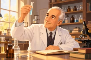 Ilustración de un investigador en un laboratorio con un tubo de ensayo y un microscopio.