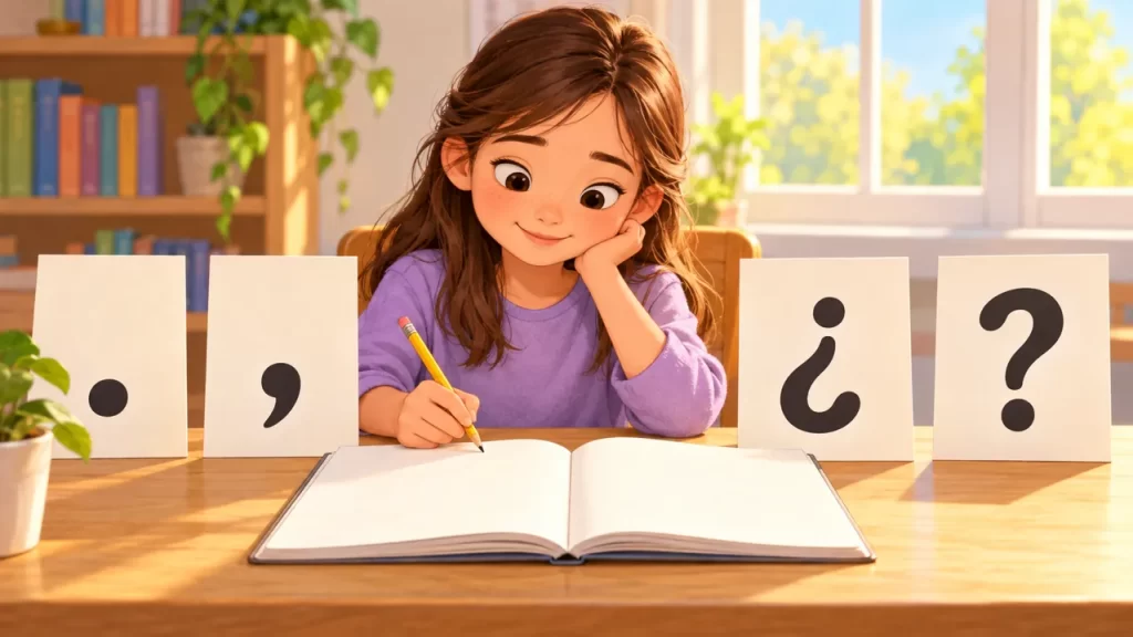 Niña escribiendo junto a tarjetas con punto, coma y signos de interrogación.