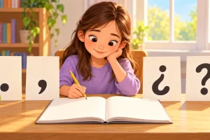 Niña escribiendo junto a tarjetas con punto, coma y signos de interrogación.