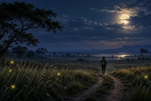 Una figura con sombrero y un saco cerrado camina por los llanos bajo la luna.