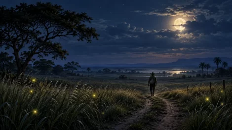Una figura con sombrero y un saco cerrado camina por los llanos bajo la luna.