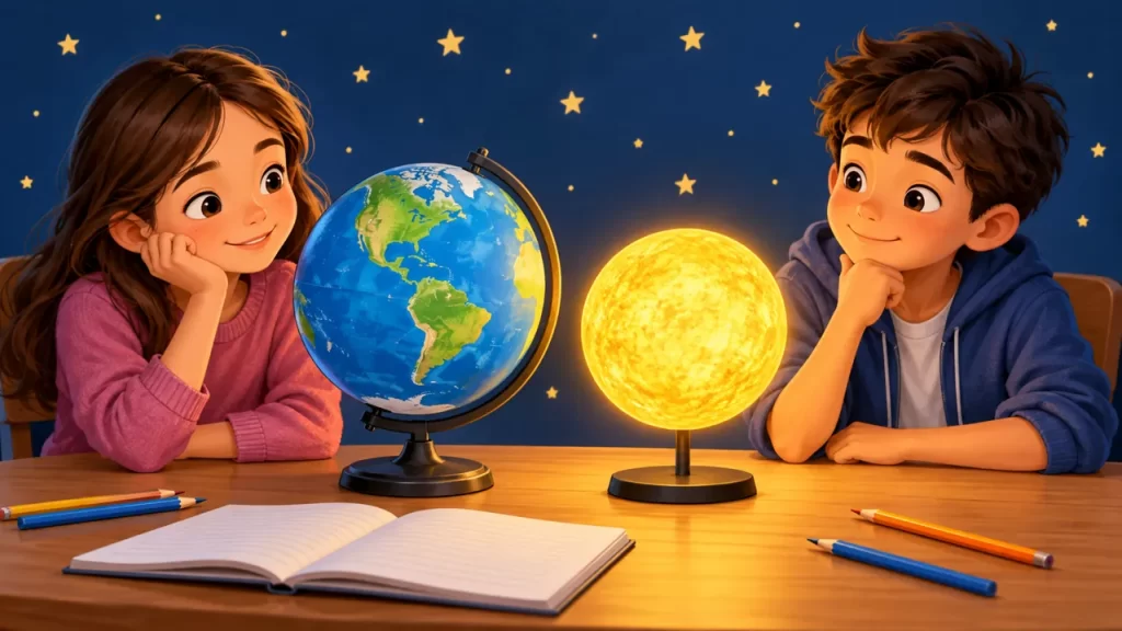 El sistema solar y sus ocho planetas para niños 1 Dos niños aprenden con un globo terráqueo y una esfera que representa el Sol.