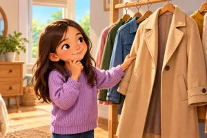 Niña observa un sobretodo beige colgado entre otras prendas.
