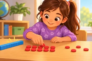 Niña agrupa fichas junto a una barra azul de diez cubos.