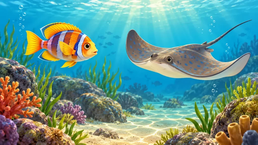 Un pez óseo y una raya nadan en un entorno marino ilustrado.