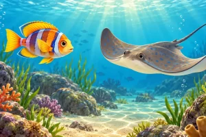 Un pez óseo y una raya nadan en un entorno marino ilustrado.