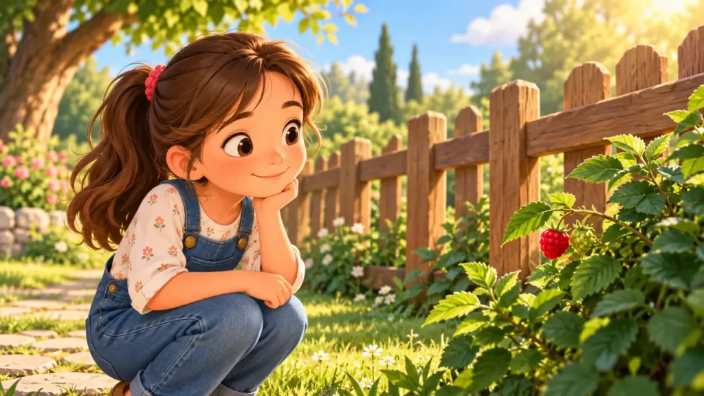 Niña observa una baya junto a una valla de madera sin tocarla.