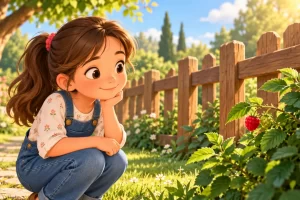 Niña observa una baya junto a una valla de madera sin tocarla.